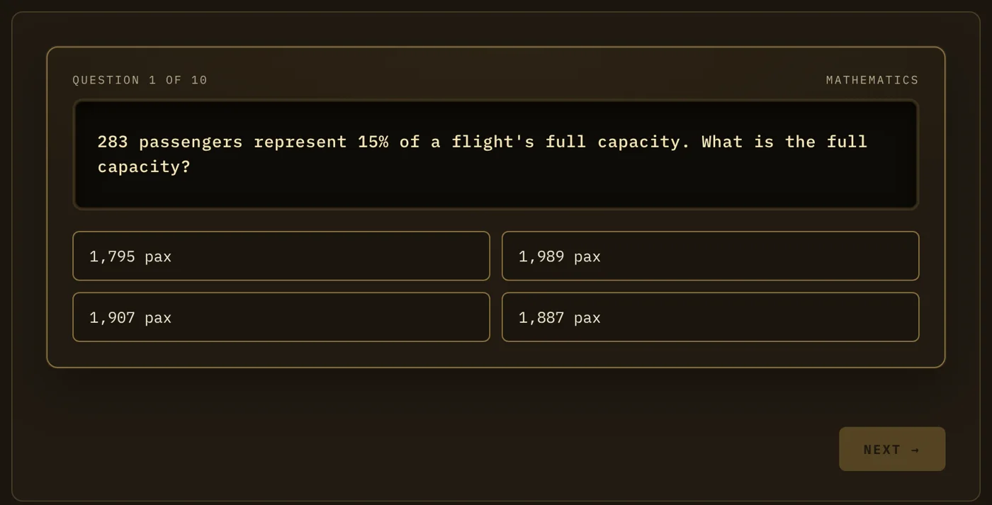 Numerical Reasoning drill: a fuel-load percentage question with four answer options