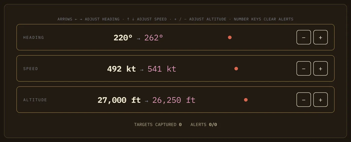 Task Manager drill: heading, speed and altitude readouts with targets